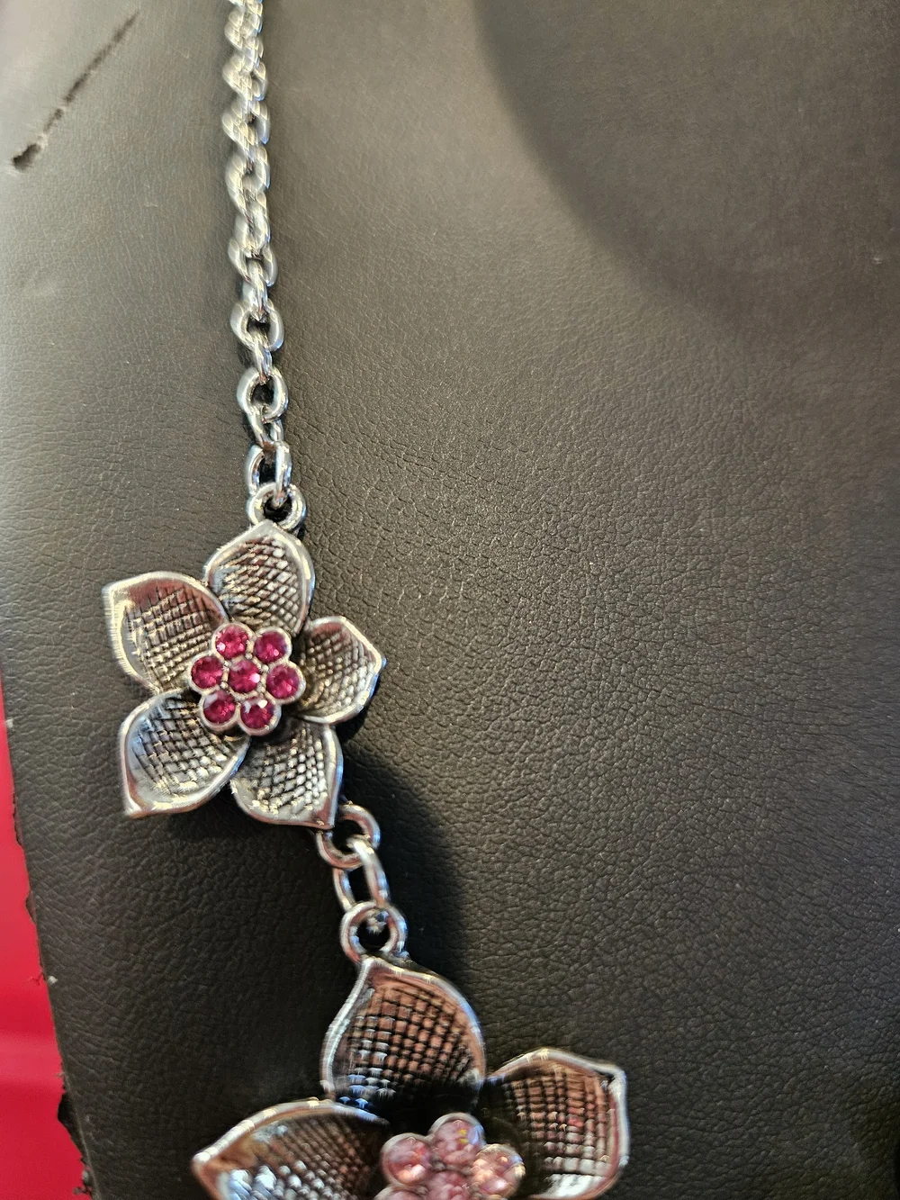 Silver Floral Necklace with Pink Crystal Centers